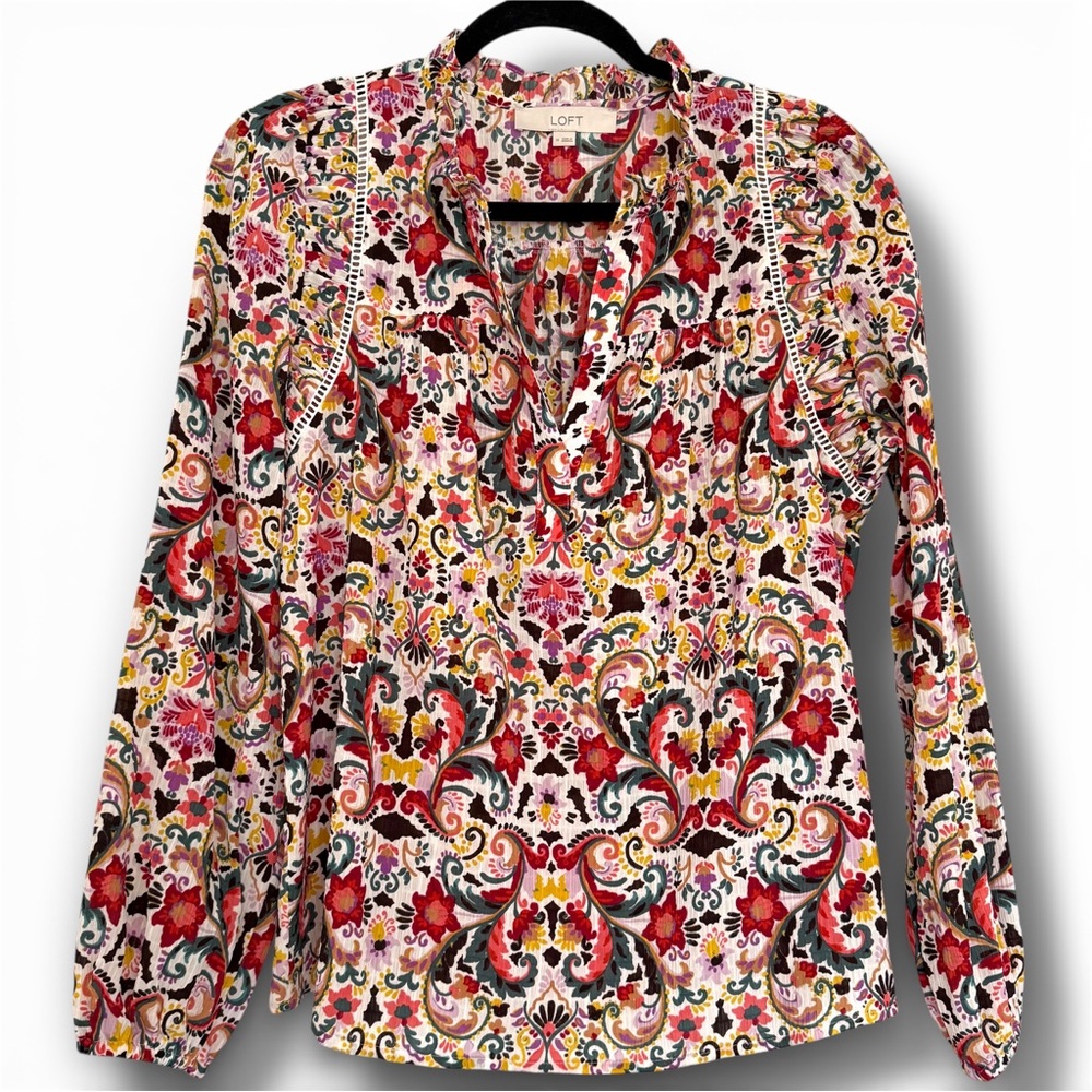 LOFT Vibrant Floral Print Long Sleeve Top w/ Lace + Ruffle Details Blouse NWOT